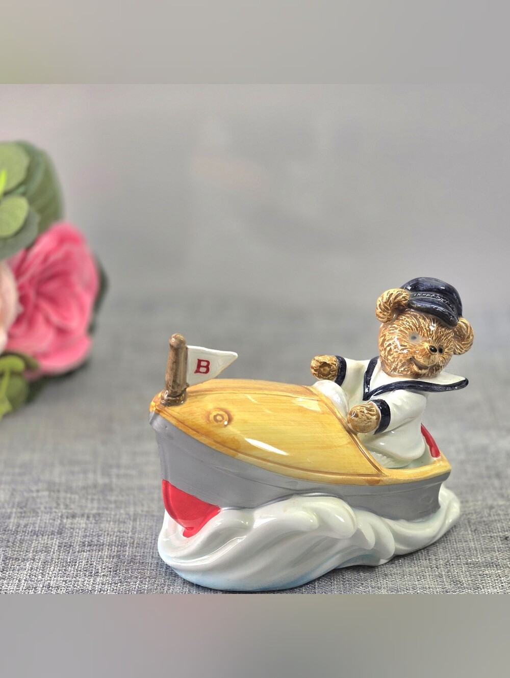 Vintage Otagiri Japan Sailor Teddy Bear Music Box Boat Plays Over the Waves